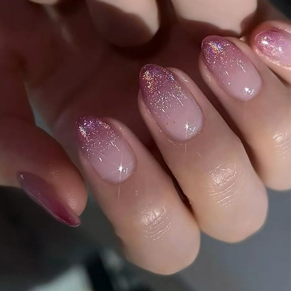 Hukai 24Pieces Short French Tip Press On Nails Gradients Purpled Shimmery Almond Shape Faux Nails