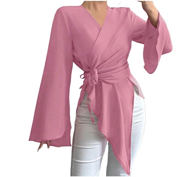 XFLWAM Women's V Neck Wrap Tops Asymmetric Hem Trumpet Long Sleeve T Shirts Dressy Elegant Going Out Blouses Fall Outfits