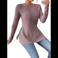thumbnail image 3 of Camiseta de Larga A Rayas para Mujer, Cuello Redondo, Dobladillo con Abertura, Corte Entallado Vino Tinto L, 3 of 10