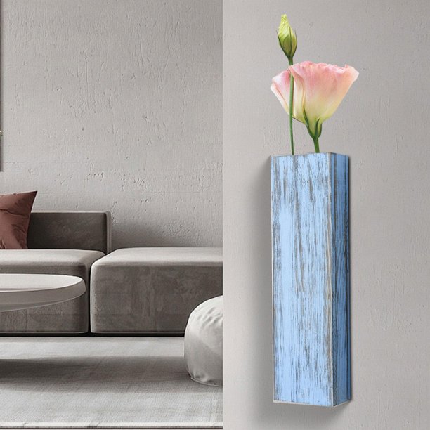 Macetero de pared de madera, soporte para plantas de pared, estilo rústico, moderno jarrón de madera para sala de estar Azul