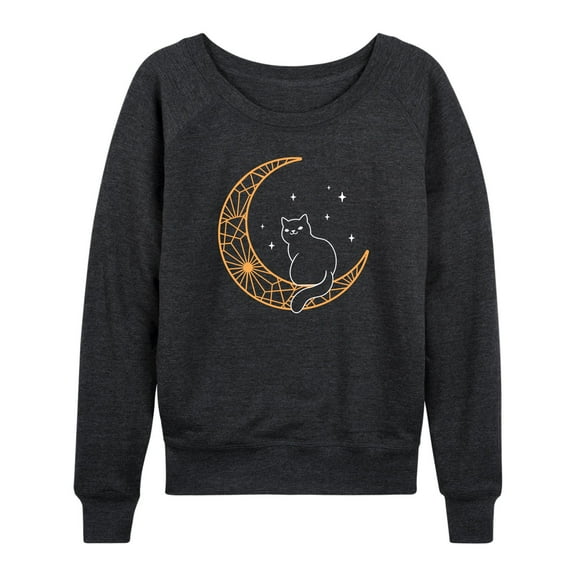 Instant Message - Black Cat On Mandala Moon - Women's French Terry Long Sleeve Shirt
