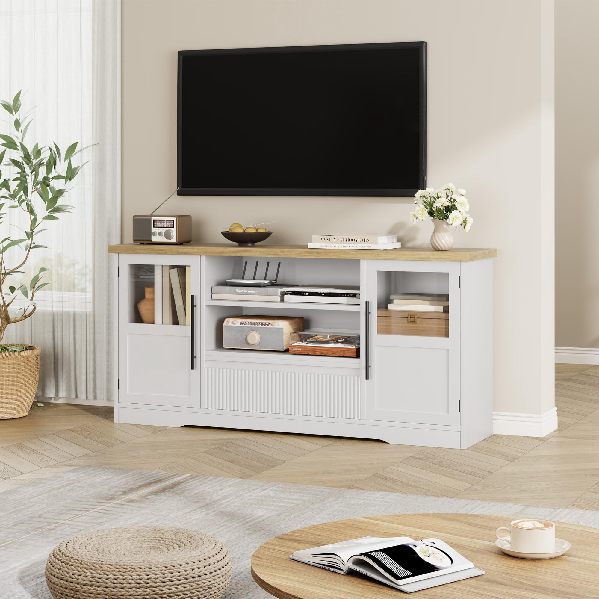Luku 72" TV Stand, Farmhouse Entertainment Center with Wave Pattern, 2 Glass Door Cabinets & Open Storage