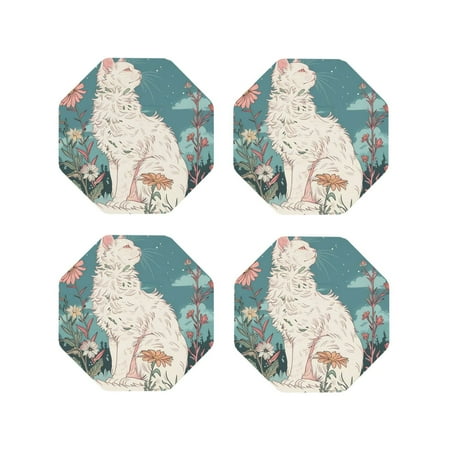 

Junzan Celestial Cat And Flowers Print Coasters for Drinks - Leather Coasters Set of 4 for Coffee Table for Housewarming/Kitchen/Bar/Decor-Octagon