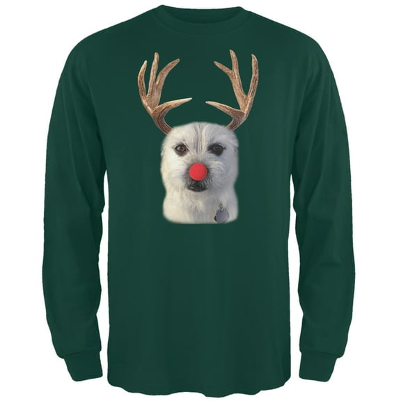 Funny Reindeer Dog Ugly Christmas Sweater Dark Green Long Sleeve T-Shirt