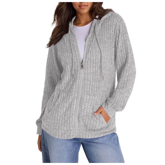EDFBUYKRS Female Long Sleeve Hoodie Women Fashion Solid Color Long Sleeve Loose Fit Casual Zipper Front Pocket Hooded Sweatshirt Jacket Outerwear for Daily Wear Xl