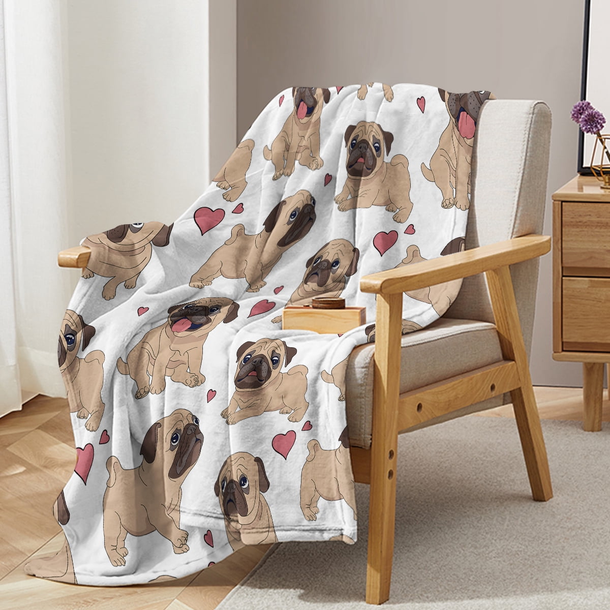 Halloween Cartoon Pug Flannel Blanket, Soft, Scenic, Lightweight, Suitable for Sofa, Office, Bed, Nature, Travel