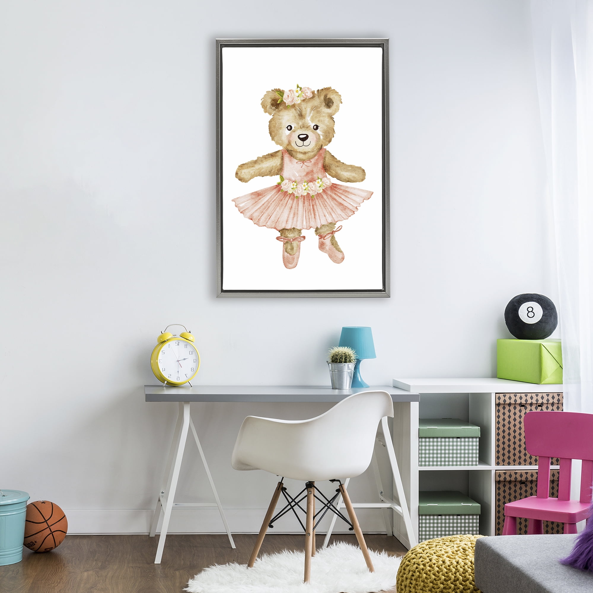 Floral Ballerina Teddy Bear Gray Framed Floater Canvas Wall Art, design by Amy Hall