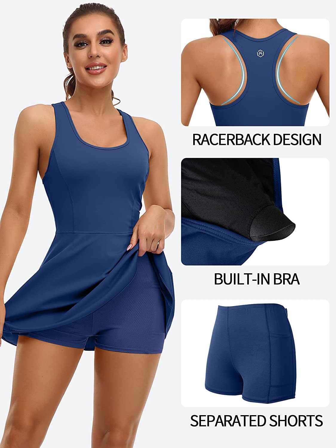 Women Tennis Dress with Built-in Bra and Pockets Shorts Racerback