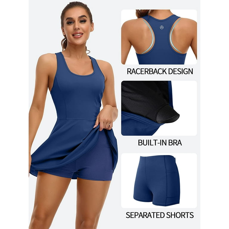 Womens with Built-in Bra Shorts Pockets Exercise Dress for