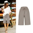 thumbnail image 4 of Sakmal Beige Shorts for Women Casual Wide Leg Drawstring Bermuda High Waisted Striped Shorts with Pockets, 4 of 9