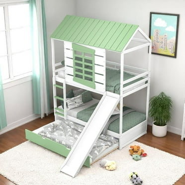 Hassch Twin over Twin Size House Shape Bunk Bed with Slide and Trundle, White & Green