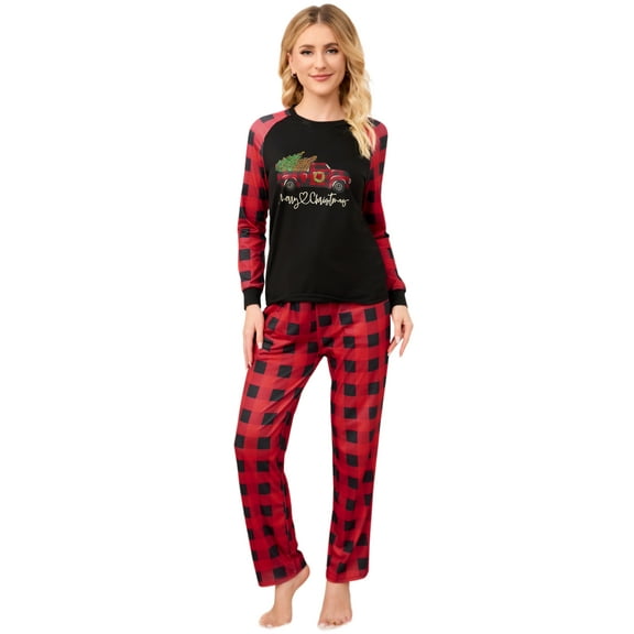 Matching Family Women's Pajamas Sets Christmas Pajamas Letter Print Top and Plaid Bottom Sleepwear Jammies with Pockets