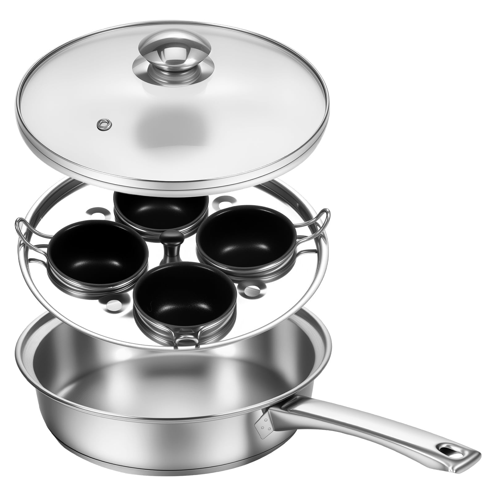 4-Cup Egg Poacher Pan, 8" Stainless Steel Poached Egg Maker with 4 Nonstick Removable Cups & Glass Lid, Induction Compatible Egg Poaching Pan for Gas & Electric Stovetops