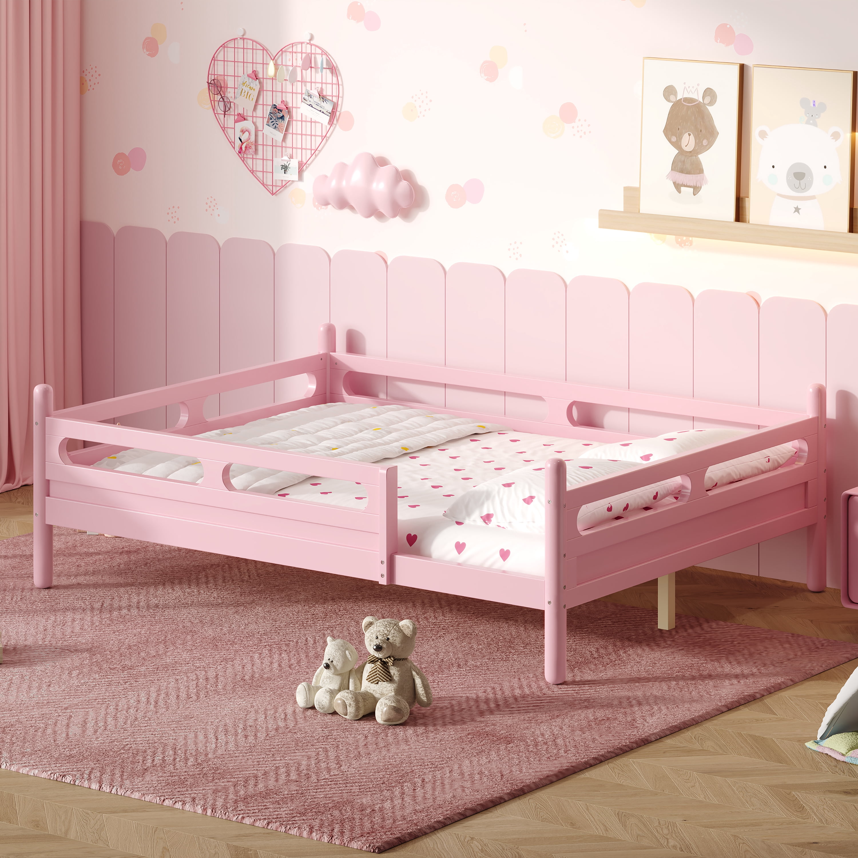 Euroco Wood Full Size Platform Bed, Low Profile Bed with Guardrails and Slats Support, Pink
