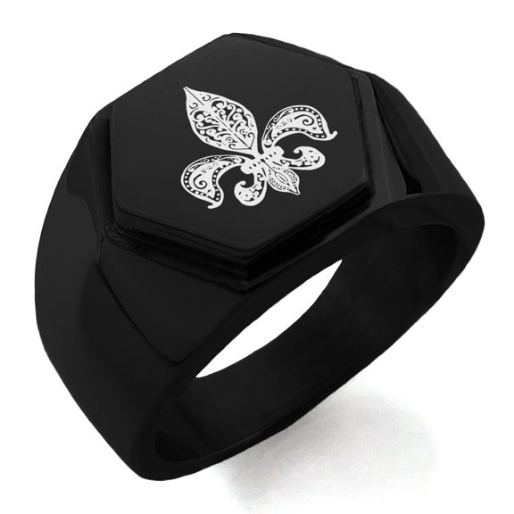 Stainless Steel Paisley Fleur De Lis Engraved Hexagon Crest Flat Top Biker Style Polished Ring