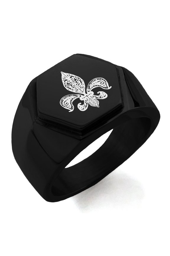 Stainless Steel Paisley Fleur De Lis Engraved Hexagon Crest Flat Top Biker Style Polished Ring