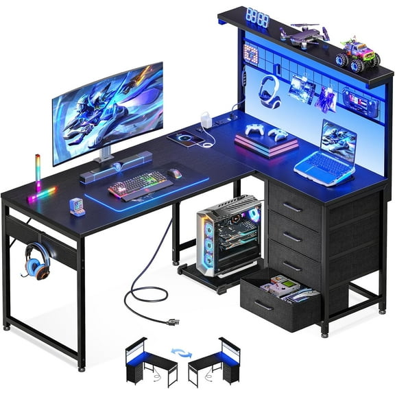 L Shaped Gaming Desk with Shelf & 4 Drawers, 43" Reversible Computer Desk with LED Light, Home Office Table with Hutch and Hook, Black