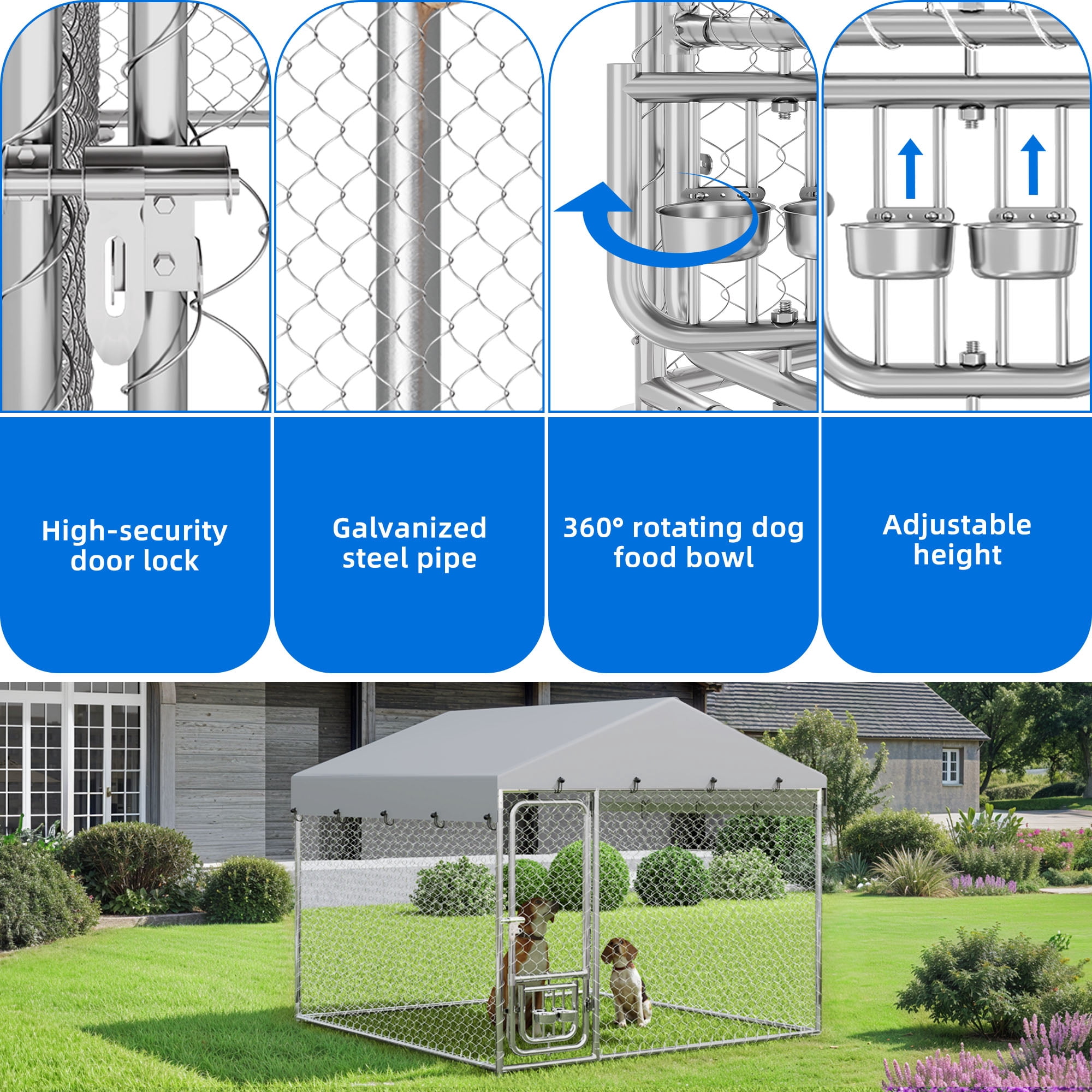 Dextrus 7.5'x7.5' Outdoor Dog Kennel, Outdoor Dog Enclosure with Rotating Feeder Bowls & Roof, Heavy Duty Dog Kennel for Backyard Farm