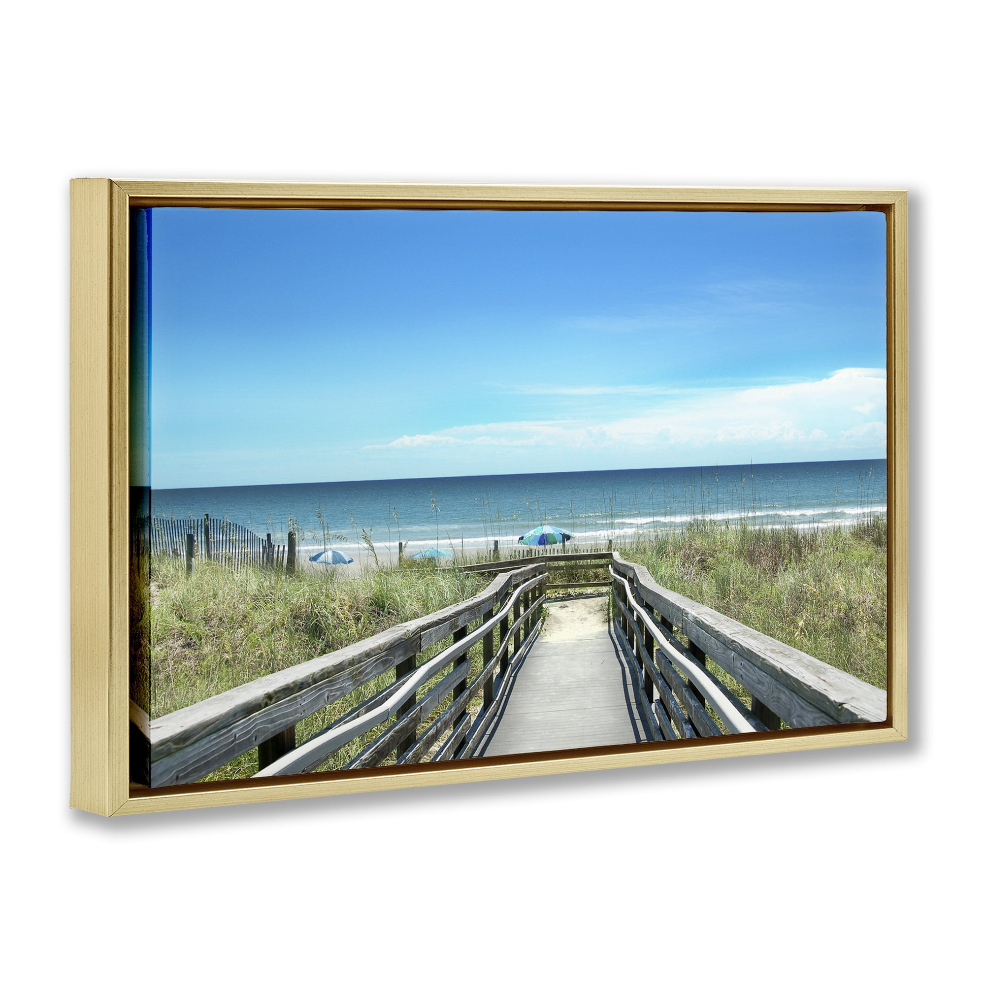Stupell Industries Bridge to Beach View Landscape Photography Gold Floater Framed Canvas Art Print Wall Art, 31 x 21