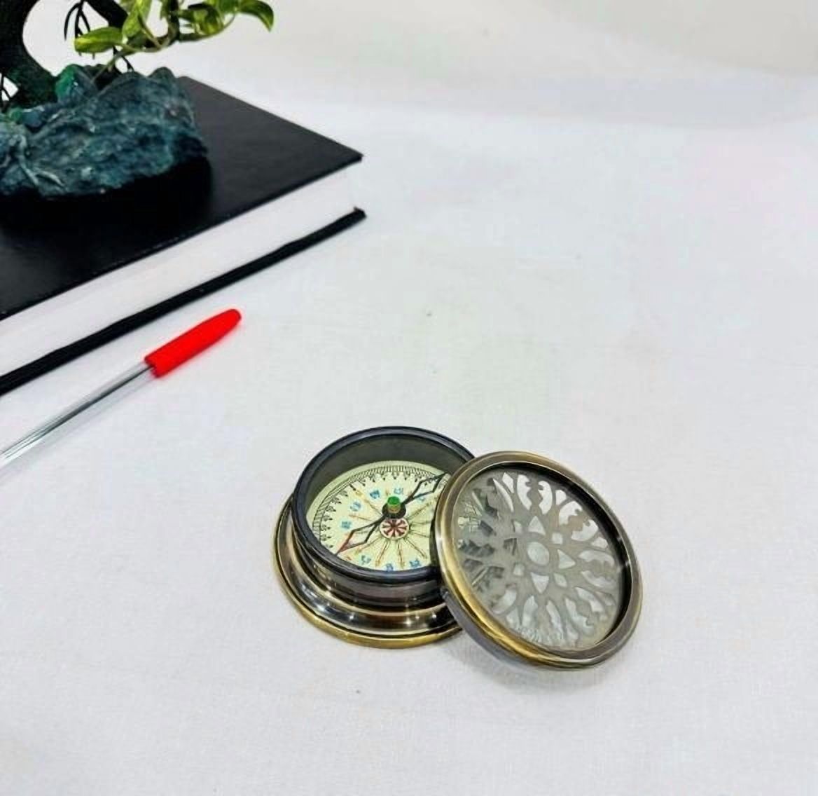 3" Nautical Brass Designer Pattern Direction Compass with Cap, Antique Look, Home Decor Gift Item
