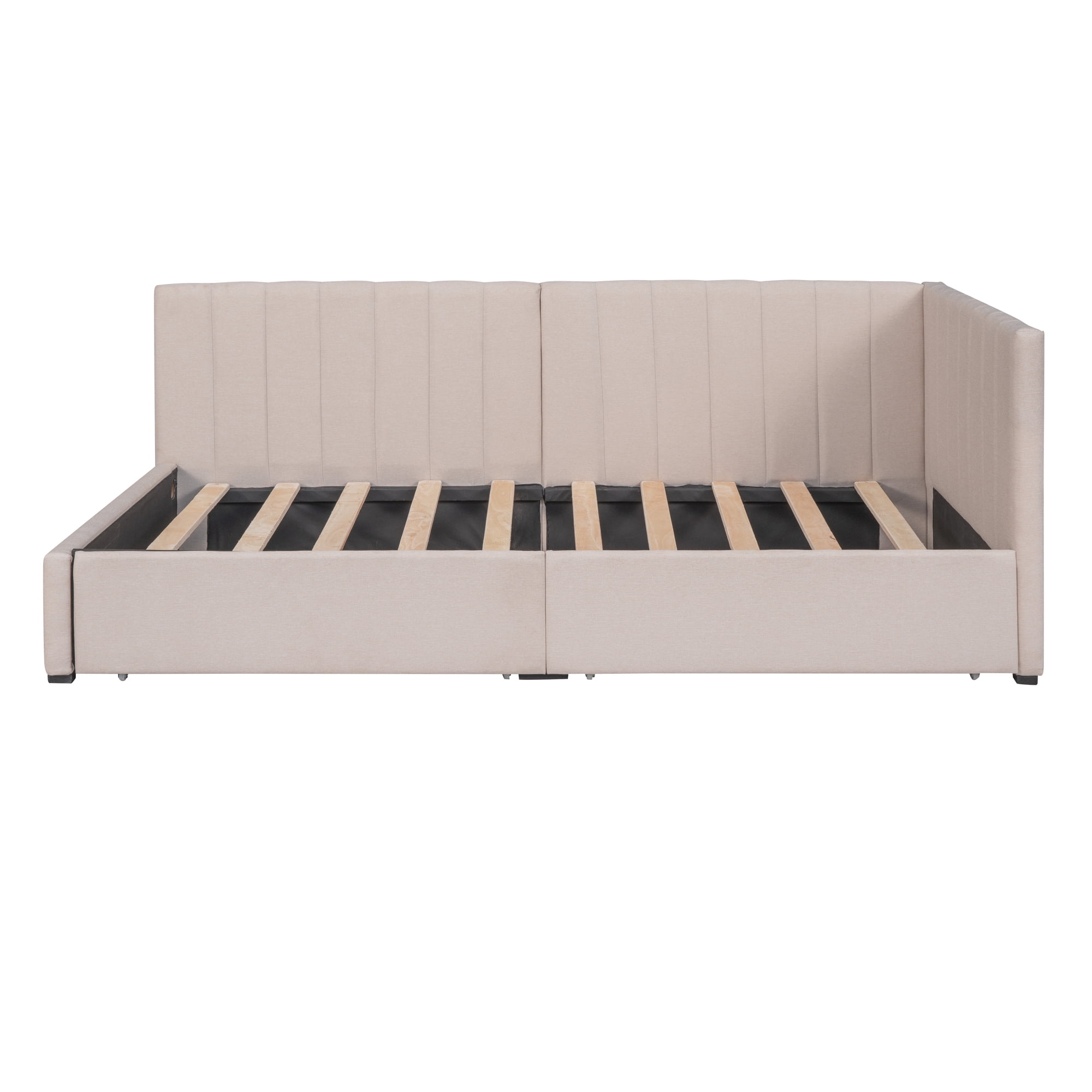 Clipeyh Classic Wood+Linen Upholstered Twin Size Daybed with 2 Storage Drawers Beige