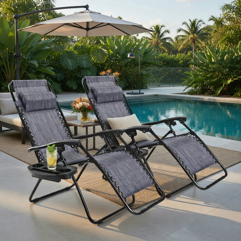 Hommoo 2-Pack Zero Gravity Folding Lounge Chairs with Adjustable Headrests, Breathable Waterproof Fabric, Heavy-Duty Steel Frame, Gray