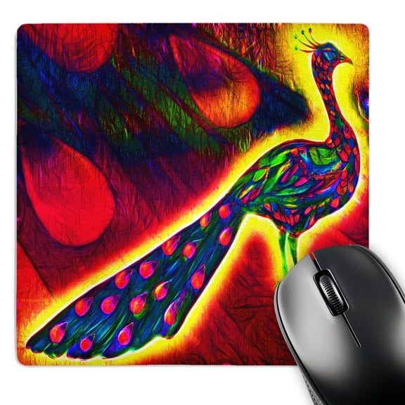 3dRose, Funky Bright Colors Luminous Peacock Peafowl With Artsy Abstract Background Animal Bird Art, MousePad