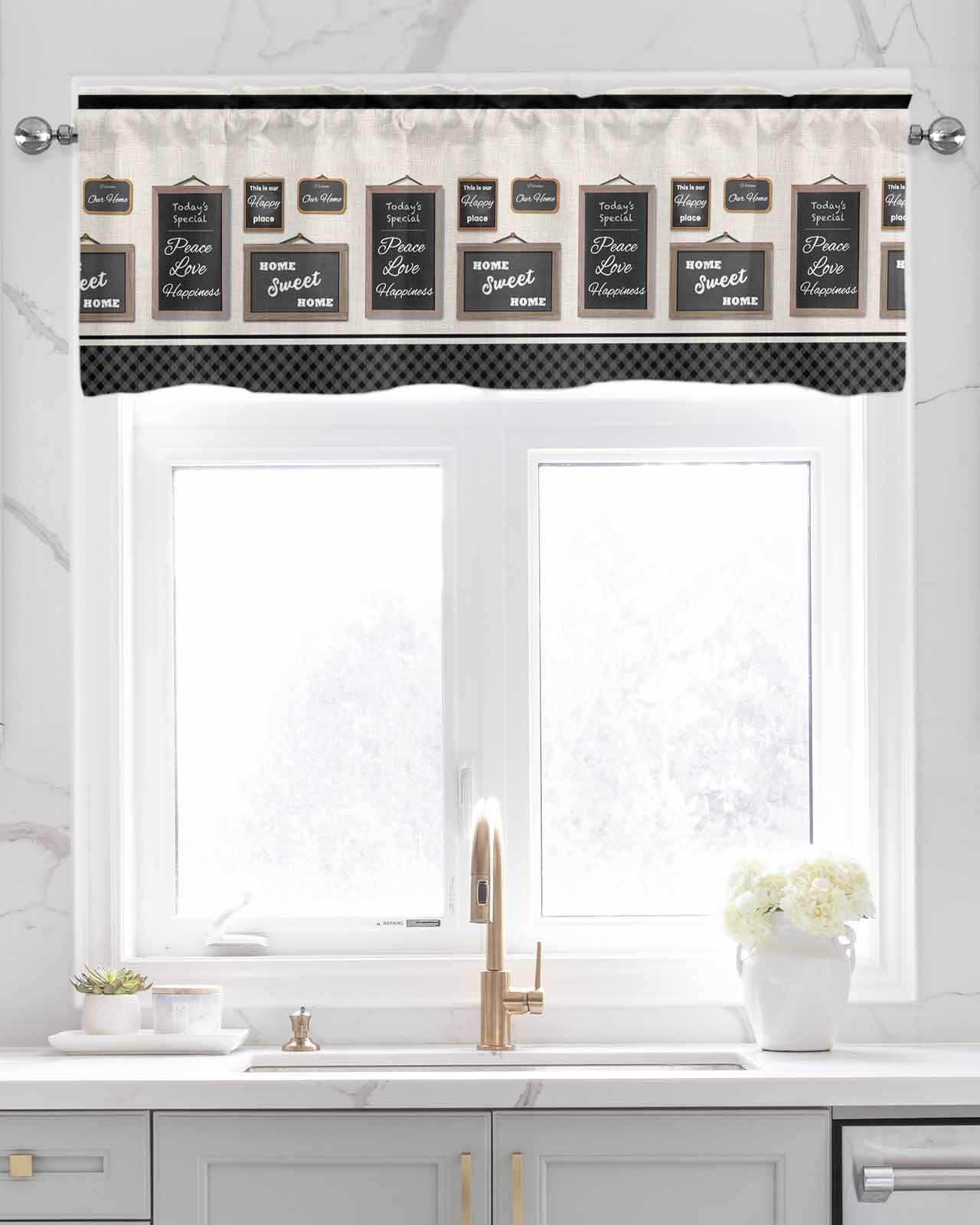 Black Linen Curtain Valance for Bedroom/Bathroom/Kitchen/Office/Living/Dining Room Window,Family Motivational Words Beige Lattice Pocket Topper Drapes Decorative Cafe Drapery Panel 54"x18"