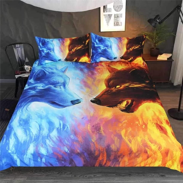 Fuego Y Hielo Lobos Nativo Americano Juego De Cama Lt10