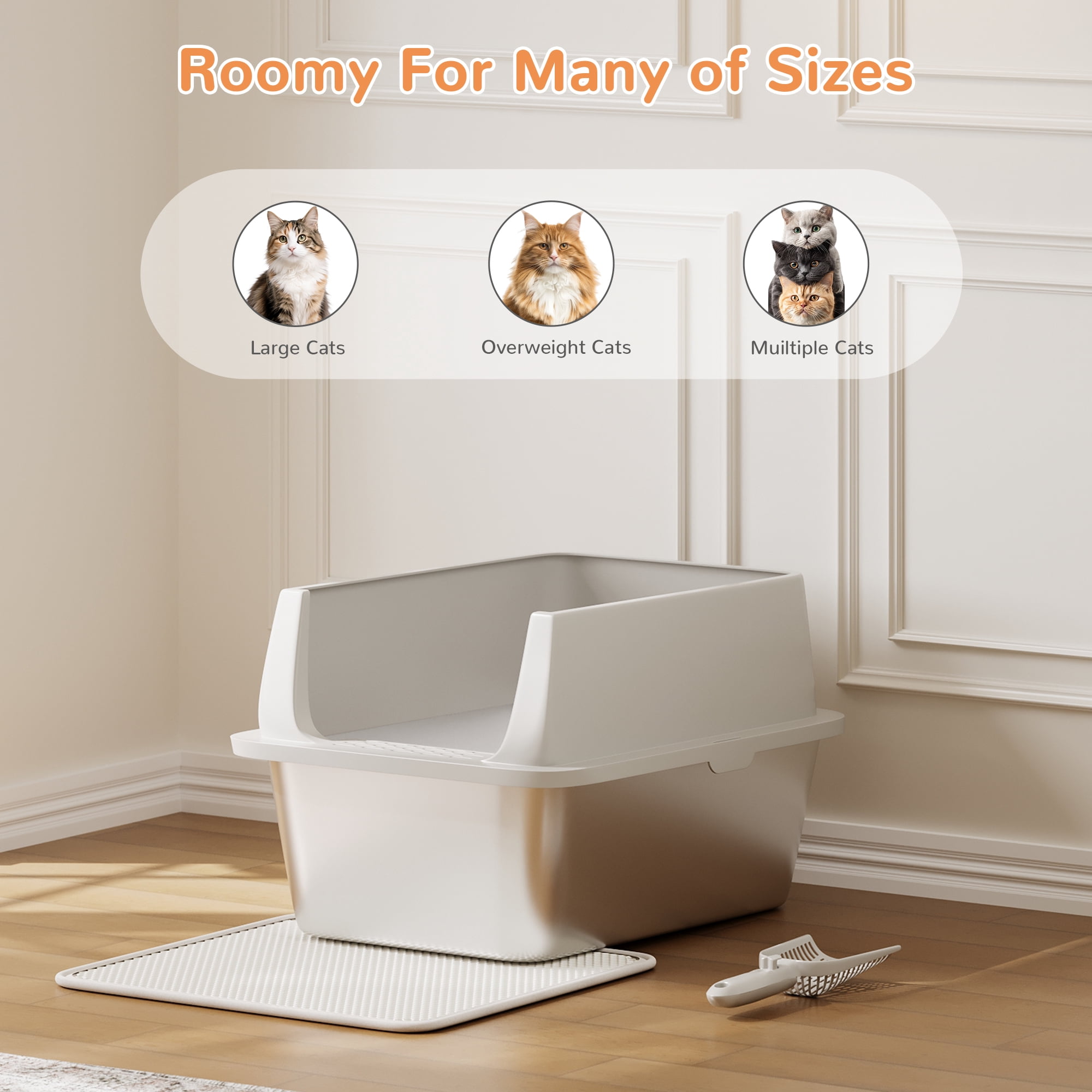 Garvee Large Stainless Steel Cat Litter Box with Lid, Enclosed Metal Litter Box for Big Cats, High Sided Anti-Leakage Design with Scoop and Mat, Odor Control with Carbon Filter