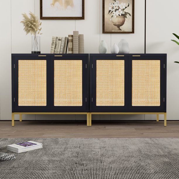 MidCentury 2Door Sideboards and Buffet Rattan 31.5"W Black