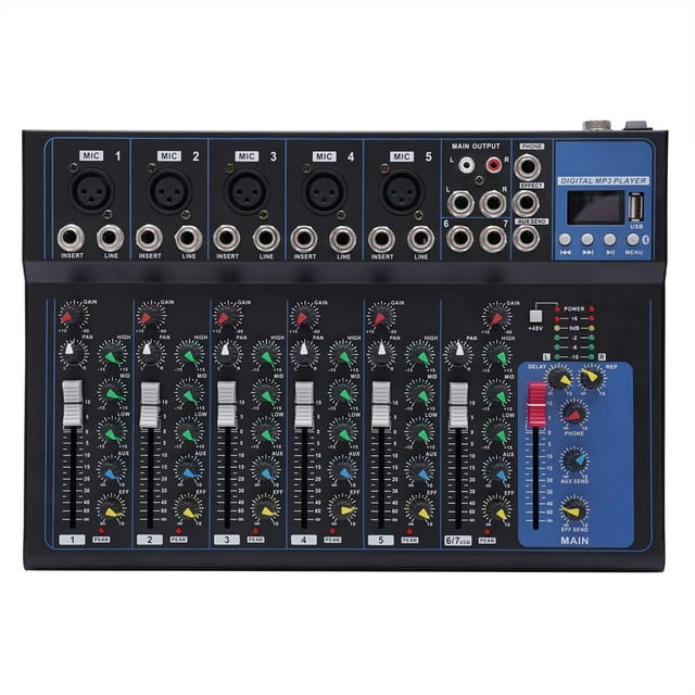 Mezclador de audio profesional para DJ de 7 canales, interfaz de consola, interfaz digital USB, MP3, Bluetooth, 48 V, Phantom Power, estéreo, estudio de DJ, streaming para grabación, podcasting