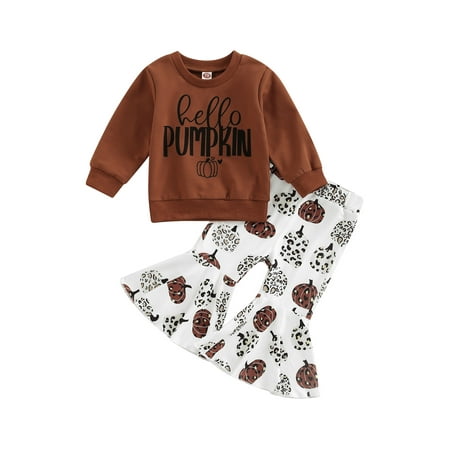 

JYYYBF 0-4Y Halloween Baby Girls Lovely Clothes Sets 2pcs Letter Long Sleeve Sweatshirt Top+Pumpkin Print Flare Pants Brown 2-3 Years