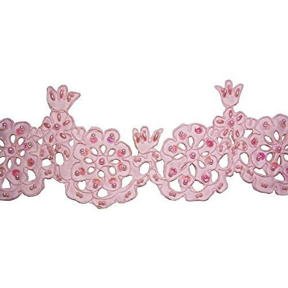 Unotrim 4" Pink Satin Bridal Pearl Beaded Sequins Corded Lace Trim w/ Cut Outs