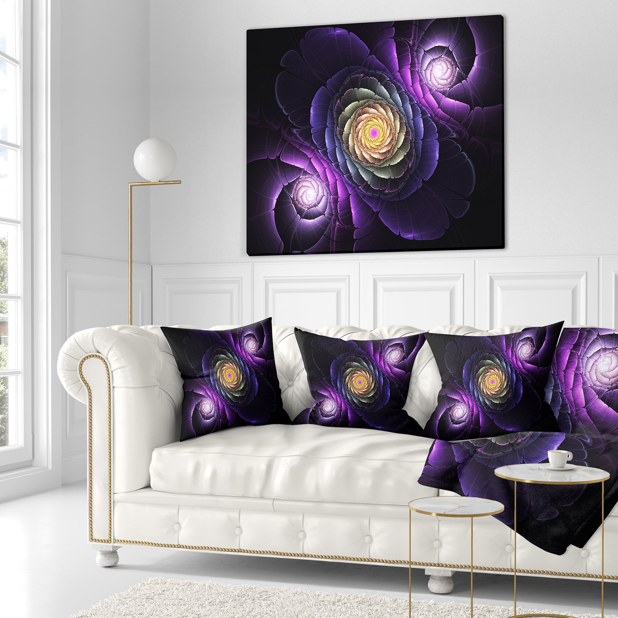 Designart Fractal Purple Flowers Digital Art - Flower Throw Pillow - 16x16