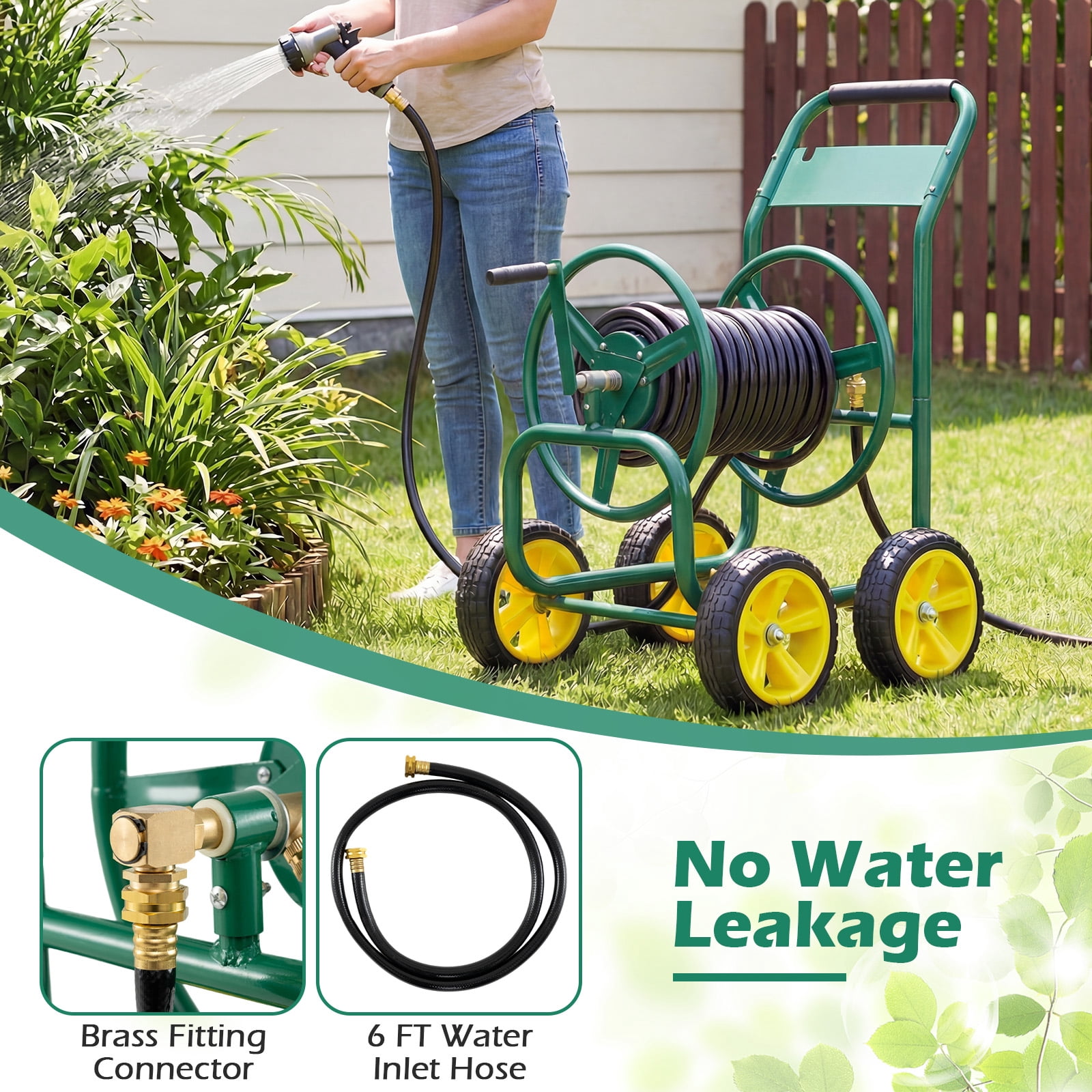Costway Garden Hose Reel Cart 4 Wheels, 330 ft 5/8” Large Capacity for Outside Yard Lawn Green