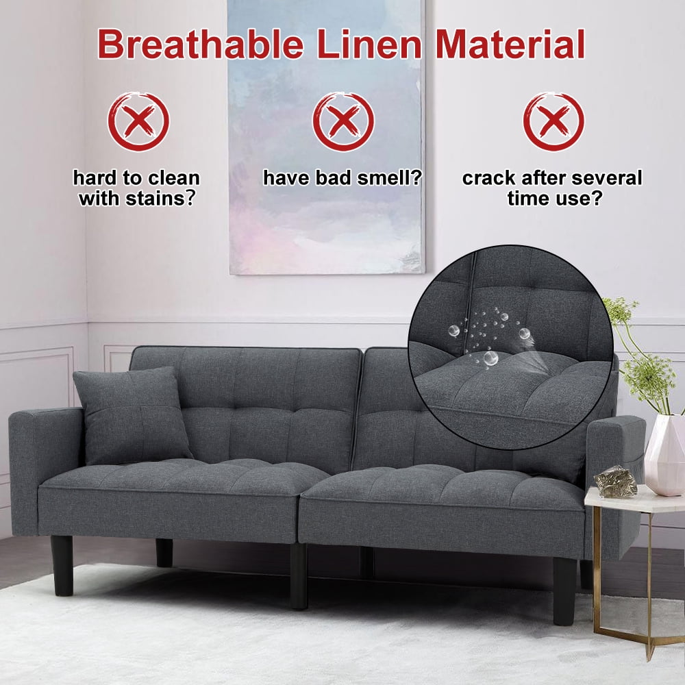 AVAWING Modern Upholstered Sofa Bed, Convertible Sectional Sofa, Upholstered Futon Linen Tufted Couch w/ 2 Pillows, Apartment, Gray
