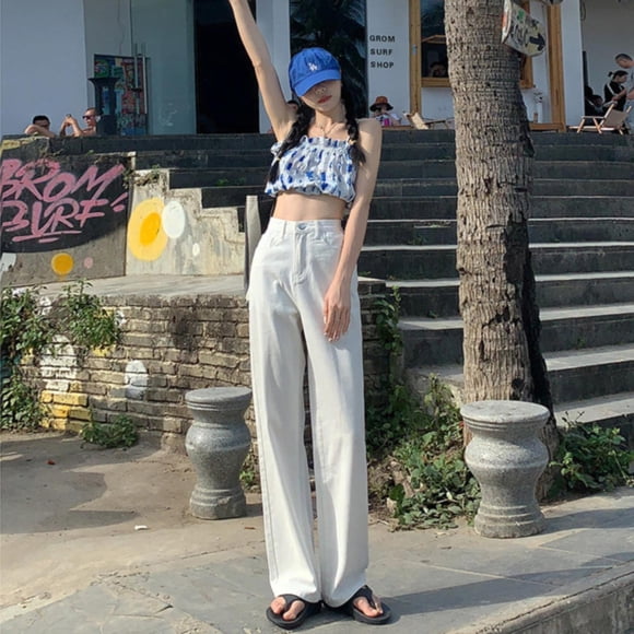 DondPO Womens Jeans,Sweatpants Women Fashion Sweet Wide Leg Solid Color Jeans Summer High Waist Straight Dragging Loose Skinny Design Pants Cargo Pants Women,Pants for Women,White Pants M