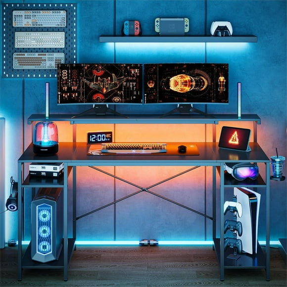 Bestier 55" Gaming Desk with LED Light & Monitor Stand Computer Desk Corner Desk for Home Office, Black Carbon Fiber