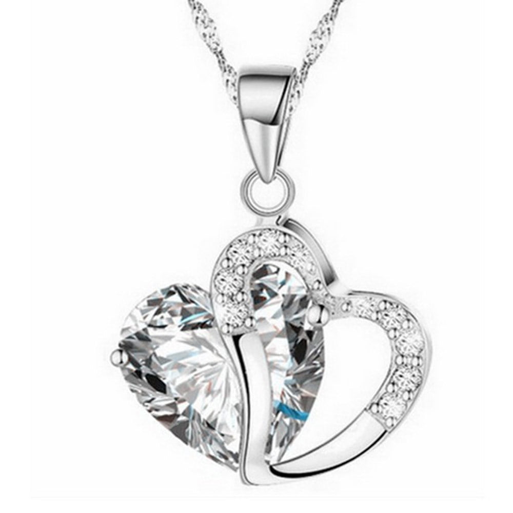 New Full Rhinestone Crystal Heart Silver Plated Necklace Jewelry Pendant Chain 