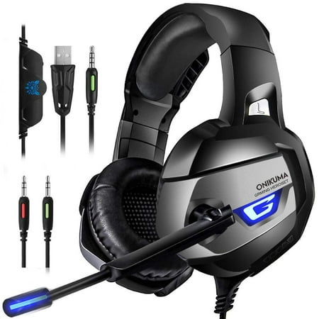 ONIKUMA Gaming Headset - Gaming Headphone for Xbox One, PS4, PC, Stereo USB Headset with Noise Cancelling Mic and LED Light, Over Ear Headphones for Mac and Nintendo Switch