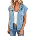 thumbnail image 5 of Women's Plus Size Cap Sleeve Hoodie Summer Loose Casual Zip Up Drawstring Tops with Pockets Light Blue, 5 of 7