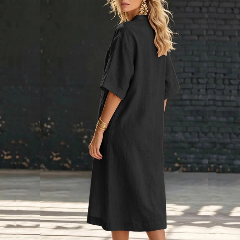 lightweight black summer dress Ayolanni 3/4 Sleeve Summer Dresses for Women Solid Henley Lightweight Maxi A-Line Dress Casual Vacation Daily Wear Button Cotton Sundress Black S,