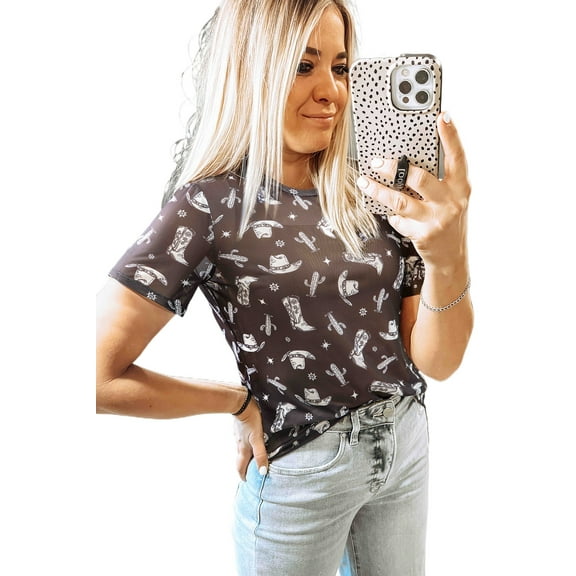 Women's Black Western Pattern Mesh Sheer Crew Neck T-Shirt - Stylish & Comfortable | [ZhiHiMeRi] | (US 12-14)L
