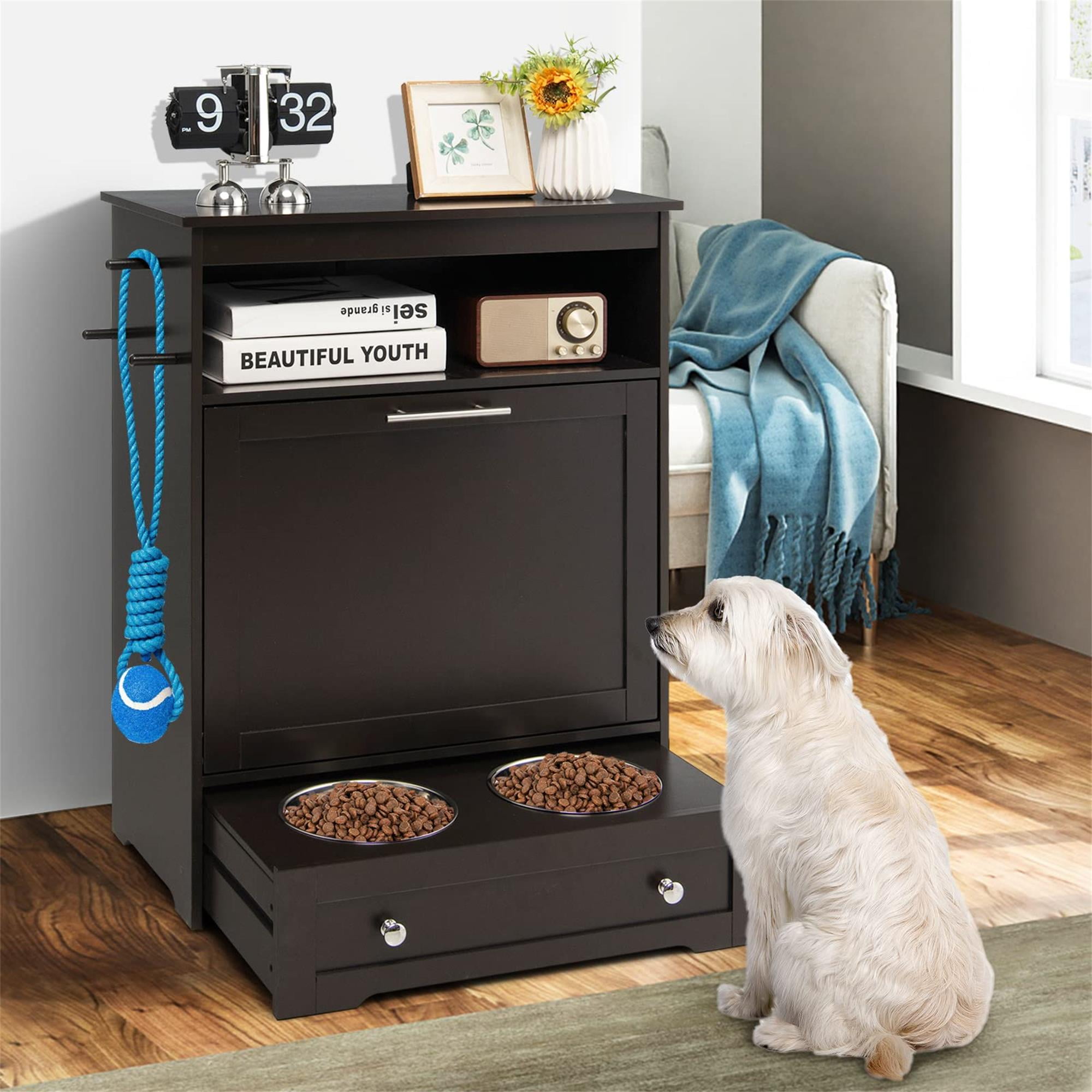 Pefilos 32" Modern Dog Feeder Station Furniture with 2 Raised Dog Bowls, Dog Food Storage Container, Pull Out Pet Food Cabinet, Brown Pefilos 32" Modern Dog Feeder Station Furniture with 2 Raised Dog Bowls, Dog Food Storage Container, Pull Out Pet Food Cabinet, Brown