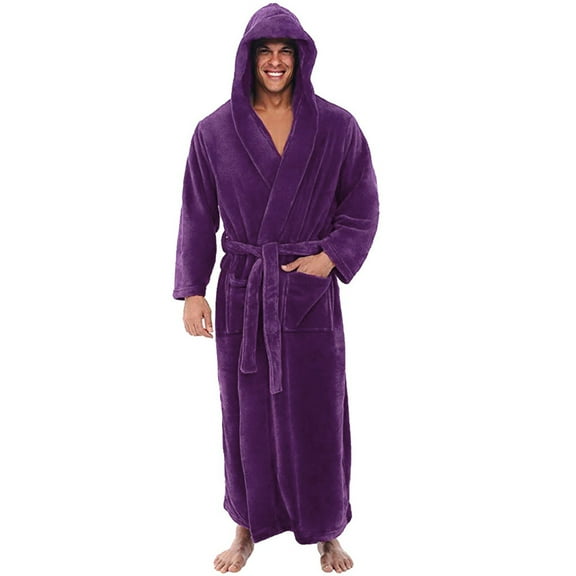 Men's Bathrobe, Plus Size Long Shawl Collar Terry Cloth Robe with Pockets, Soft Absorbent Hotel Style Spa Robe for Lounging and After Shower Purple 5XL