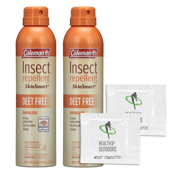 Colemen SkinSmart DEET-Free Insect Repellent Aerosol Spray, 6 Ounce Can - 2 Count w/ HAO Towelettes