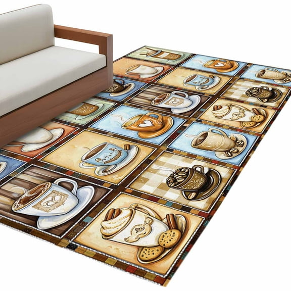 Watercolor Coffee Area Rug 3x5 FT, Non Slip Entryway Bedside Carpet, Retro Coffee Patchwork Washable Soft Floor Carpet Indoor Mat Non-Shedding Throw Rug for Dorm Kitchen Home Office