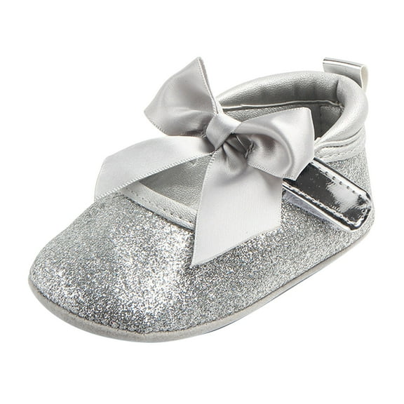 XIMIN Baby Girls Mary Jane Flats Sparkly Bowknot Princess Dress Crib Shoes Non-Slip Lightweight First Walkers Dress Shoes Fall Boots (6-12 Months, Silver)