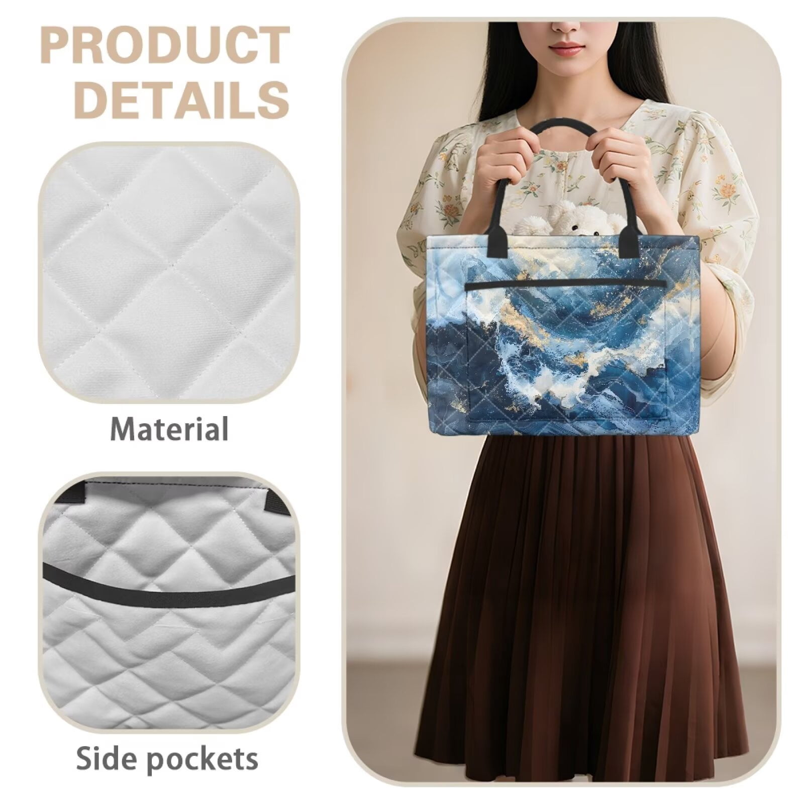 Yuyamidu Blue Marble Print Quilted Laundry Basket for Bedroom with Easy Carry Handles Collapsible Laundry Hamper Storage Basket Fabric Car Storage Basket for Women Gift